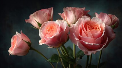 Obraz premium Romantic pink roses bouquet with soft vintage lighting and painterly style on dark moody background, emphasizing floral elegance, love, nostalgia, and fine art atmosphere.