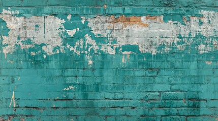 Turquoise brick wall with peeling paint revealing white and brown layers creating a textured surface