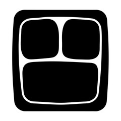 Black and white three compartment tray illustration with rounded corners and thick border