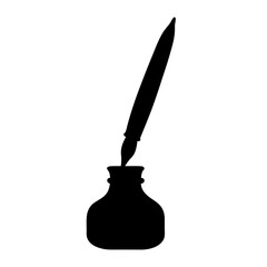 Silhouette Illustration of a Quill Pen in an Inkwell on White Background
