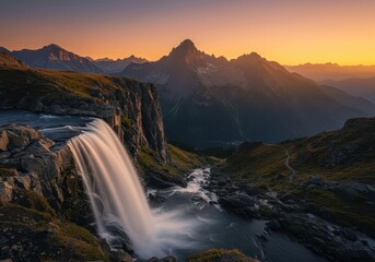 Majestic Waterfall Cascading Down Rocky Cliff With Vibrant Sunset Over Mountain Range in Background, Capturing Nature's Serenity and Beauty