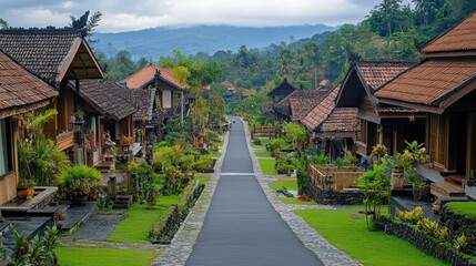 Fototapeta premium Village Street View Tropical townhouses line road, mountains in background, travel