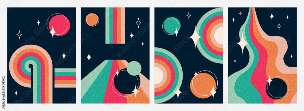 Poster cosmic retro posters and y2k space backgrounds with striped abstract elements and planet drawings wi