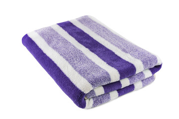 Carefully folded soft striped bath purple towel isolated on white, transparent background. Terry cloth, striped pattern towel texture, cotton bath textile or microfiber beach towel material