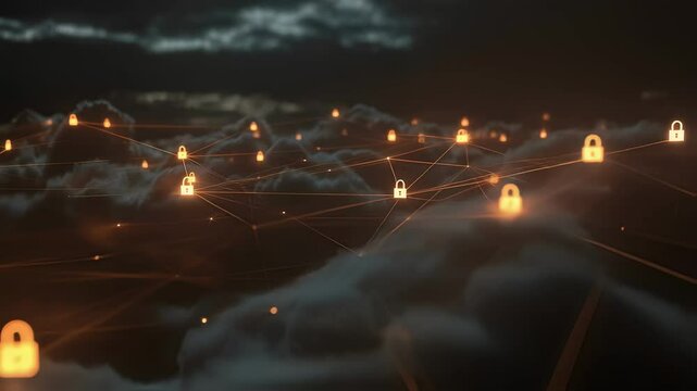 A visualization of a cloud network adorned with digital locks and safety barriers depicting encrypted models being exeed in isolated environments conveying the advanced security protocols