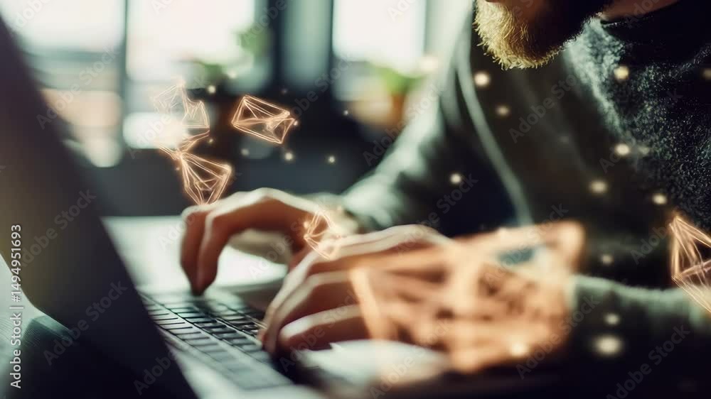 Poster person's hands typing on a laptop keyboard. digital icons resembling email envelopes and connecting 