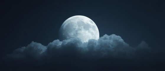 Full moon glowing brightly in a vast night sky, surrounded by wispy clouds, panoramic celestial landscape with serene and tranquil atmosphere, ethereal and majestic nocturnal ambiance