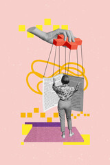 Image trend collage of person reading newspaper with hand control marionette on pink background
