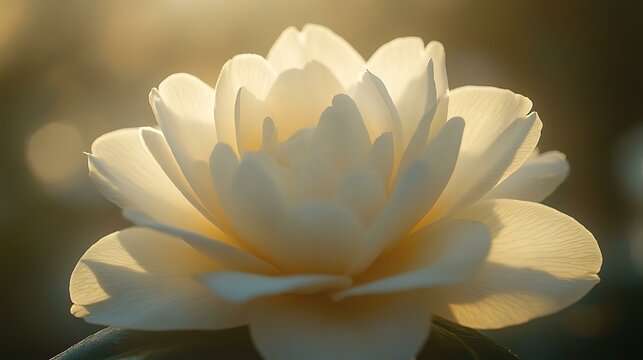 Close-up of camellia bloom with creamy white petals unfolding in soft afternoon sunlight Soft Floral Close-ups and Minimal Blooms Pastel Botanical Arrangements and Still Life - Powered by Adobe