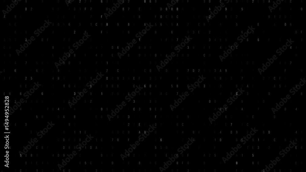 Poster intricate black matrix of numbers and letters across the expansive digital canvas