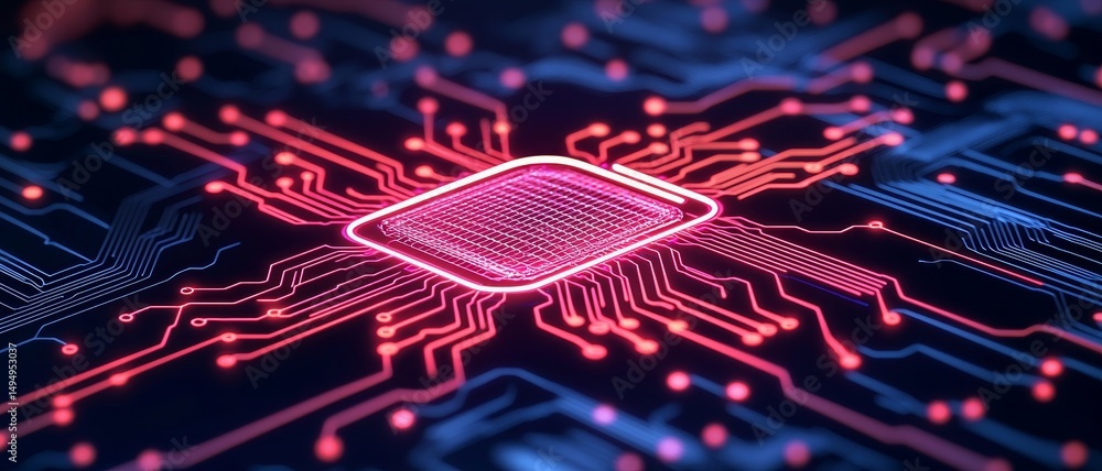 Poster abstract circuit board with glowing lines and a central processor design.