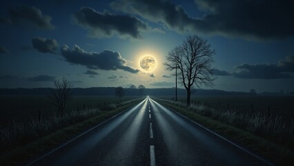 Fototapeta premium Rural Road Under a Full Moon Night Landscape