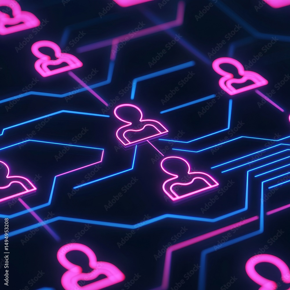Poster abstract digital network with glowing user icons and connections.