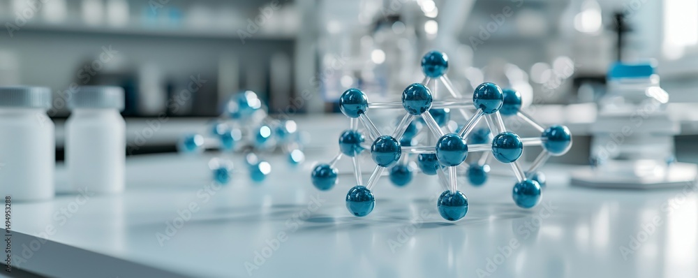 Aufkleber molecular models on a laboratory table with blurred background.