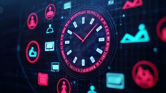 Digital clock with icons, depicting time management and connectivity.