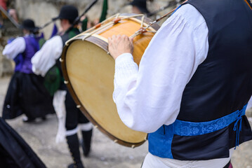 musicians playing traditional folk music during a popular festival in Galicia. Spain