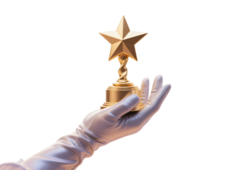 Elegant Hand in White Glove Holding Golden Star Award on Transparent Background