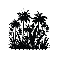 Silhouette of Lush Tropical Paradise Palm Trees, Exotic Plants, and Jungle Foliage