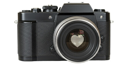 Isolated Black Retro Camera with Heart Reflection Lens