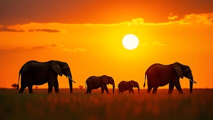 Fototapeta premium African elephants walking at sunset in serengeti national park tanzania africa