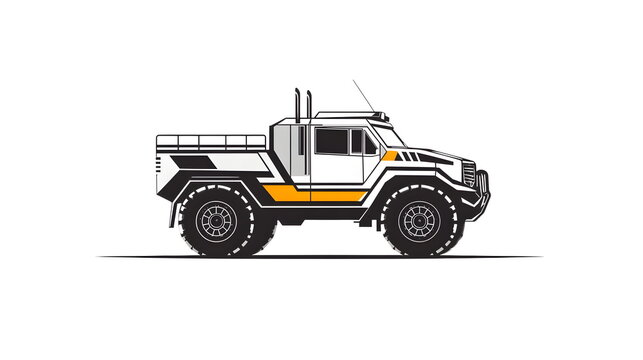 Minimalist black and white logo of a Dakar rally truck with bold cab-over shape, large tires, roof lights, and yellow stripe on the side; clean pastel tones on white background, modern and striking de