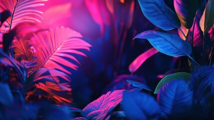 A dynamic display of tropical leaves in vivid shades of pink, blue, and green illuminated by neon lighting, forming a vibrant scene with strong contrasts and a dramatic modern aesthetic.