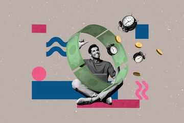 Picture creative collage of person sit on grey background with circle banknotes clock coins