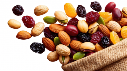 Mélange coloré de fruits secs et noix débordant d'un sac en toile de jute