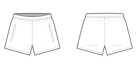Elastic Waist Shorts With Two Front Pockets with Invisible Zippers- Front and Back View- Flat Vector Illustration- CAD Mock-up
