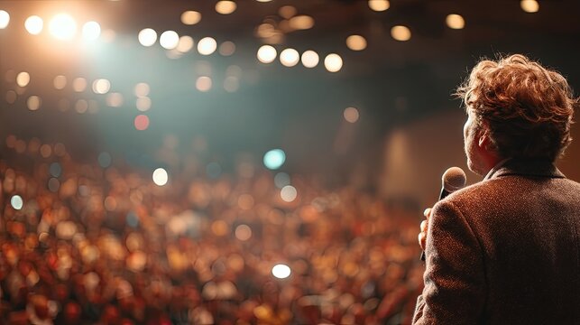 Confident male speaker delivering inspiring presentation on stage with dramatic side lighting, addressing professional audience in a blurred conference setting, leadership and motivation concept