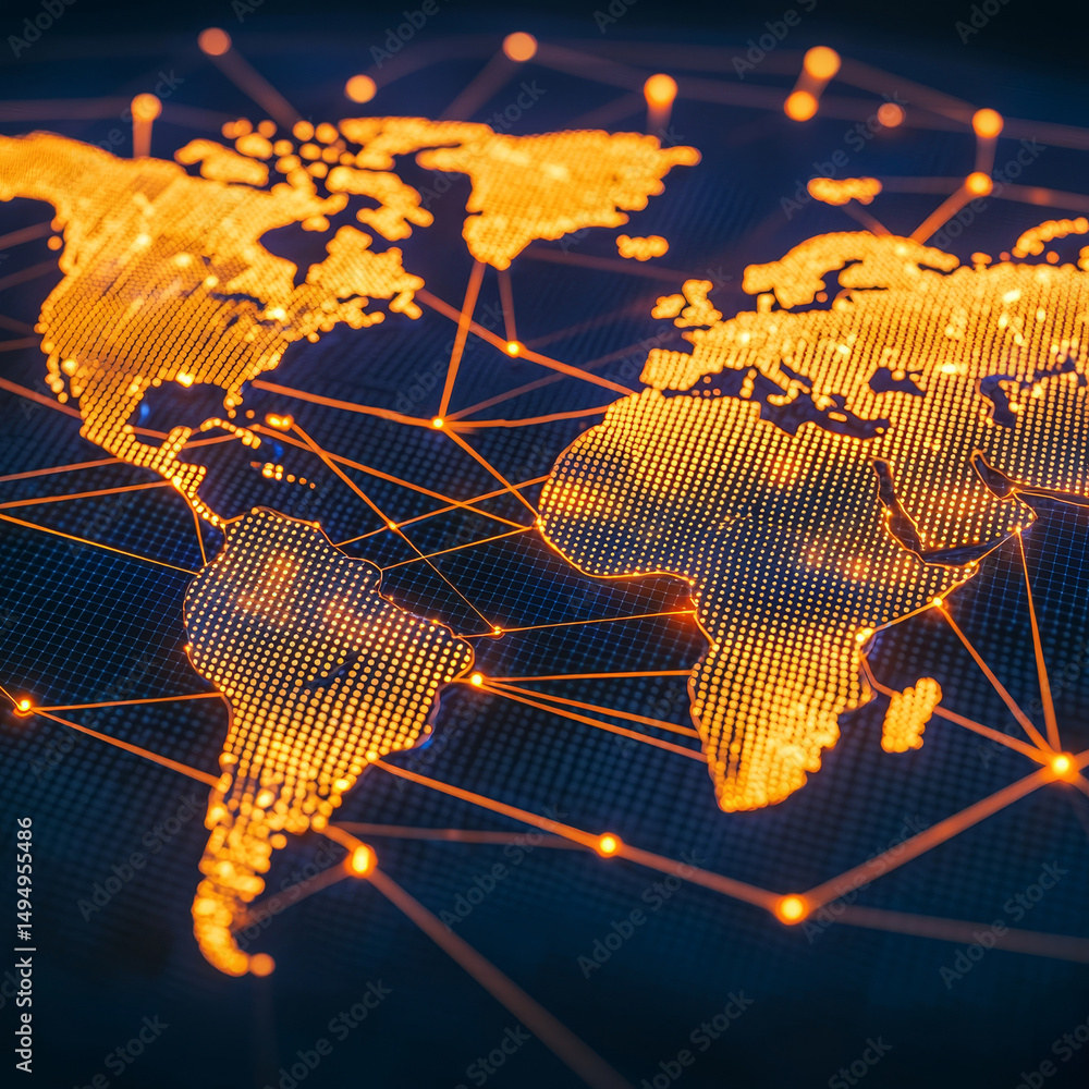 Aufkleber digital world map with connections and glowing nodes.