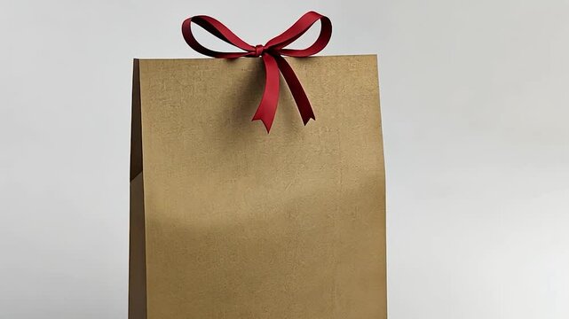 A light beige kraft paper bag with a red ribbon bow