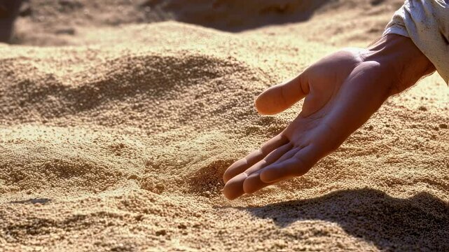 A man stretches out his hand, pointing at something. The video can be used to illustrate the Gospel parables