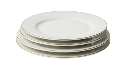 Isolated Stack of Elegant White Dinner Plates with Golden Rims