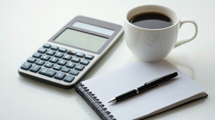 Accounting and financial planning flat lay with notebook calculator mobile phone coffee and pen on white