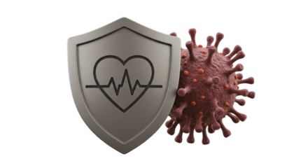 Isolated Health Protection Shield with Heartbeat Icon and Virus Cell