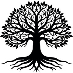 Obraz premium Vector tree silhouette illustration with black branches and a leafy design, symbolizing nature's growth through seasons