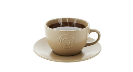 Isolated Steaming Beige Ceramic Coffee Cup and Saucer with Emblem