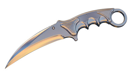 Isolated Sleek Metallic Karambit Knife with Curved Blade and Finger Ring