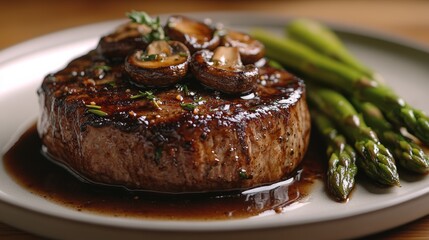 Juicy Grilled Steak with Mushrooms and Fresh Asparagus on Plate