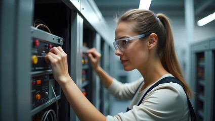 Electrical engineer woman inspecting server room equipment maintenance checkup