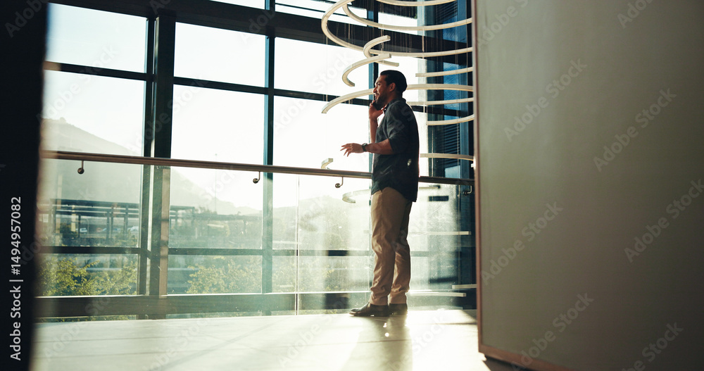 Poster phone call, office and business man in lobby in discussion for appointment, schedule and contact. pr