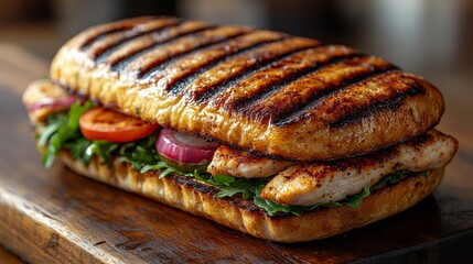 Grilled Chicken Sandwich with Fresh Vegetables on Wooden Platter