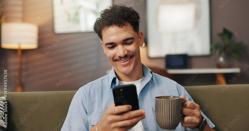 Poster relax, coffee and happy man with phone in home for communication, chat and reading message on app. s