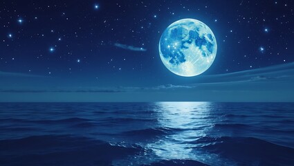 Beautiful night scene featuring a full moon over a calm ocean with twinkling stars above