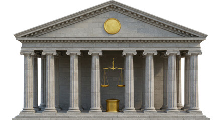 Isolated Grand Classical Courthouse Building with Golden Scales of Justice