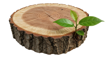 Isolated Natural Wooden Tree Trunk Slice with Fresh Green Sprout Symbolizing New Life