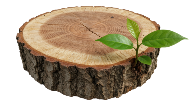 Isolated Natural Wooden Tree Trunk Slice with Fresh Green Sprout Symbolizing New Life