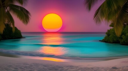 A vibrant sunset casts hues of pink, orange, and purple across the sky and reflects beautifully on the tranquil ocean waters. Palm trees frame the scene, adding a tropical essence to the scene