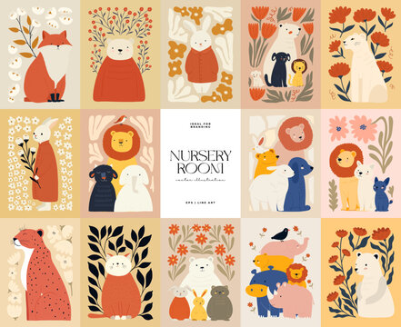 Fototapeta Abstract Childrens Room posters template. Modern trendy Kids minimal style. Hand drawn design for wallpaper, wall decor, print, postcard, cover, template, banner.